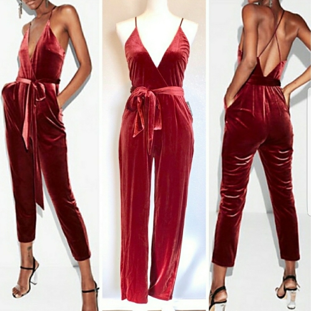 NWT Express Retro Chianti Velvet Wrap Jumpsuit